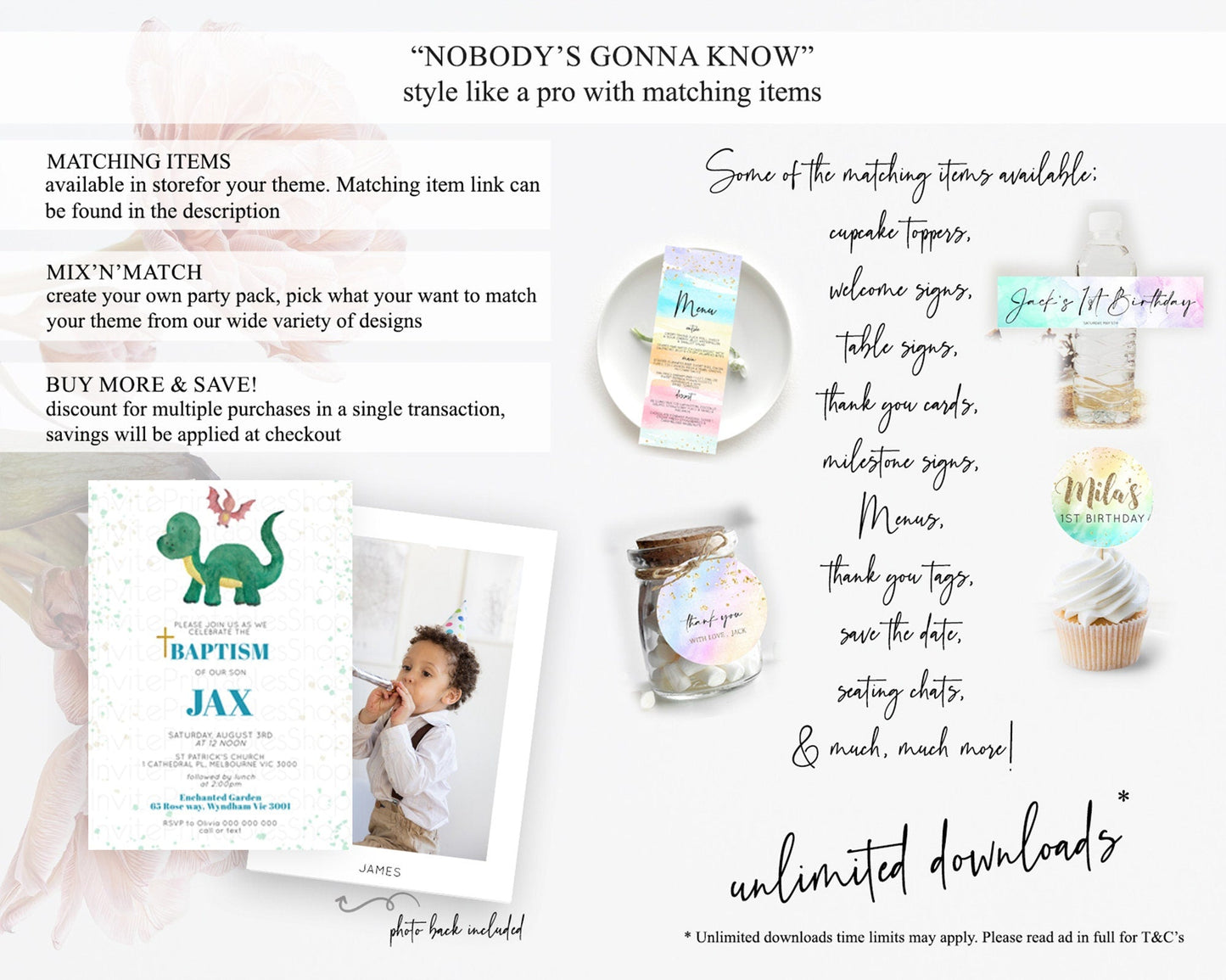Dinosaur Baptism Invitation Dinosaur Volcano Baptism 1st Birthday Invitation Watercolor T-Rex Raptor Jurassic Christening Invitation D10153