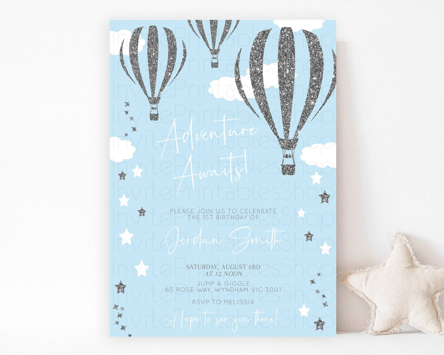 Hot Air Balloon Birthday Invitation Hot Air Balloon Invites Adventure Awaits Up Up & Away Glitter Blue Watercolor 1st Birthday Boy D10335