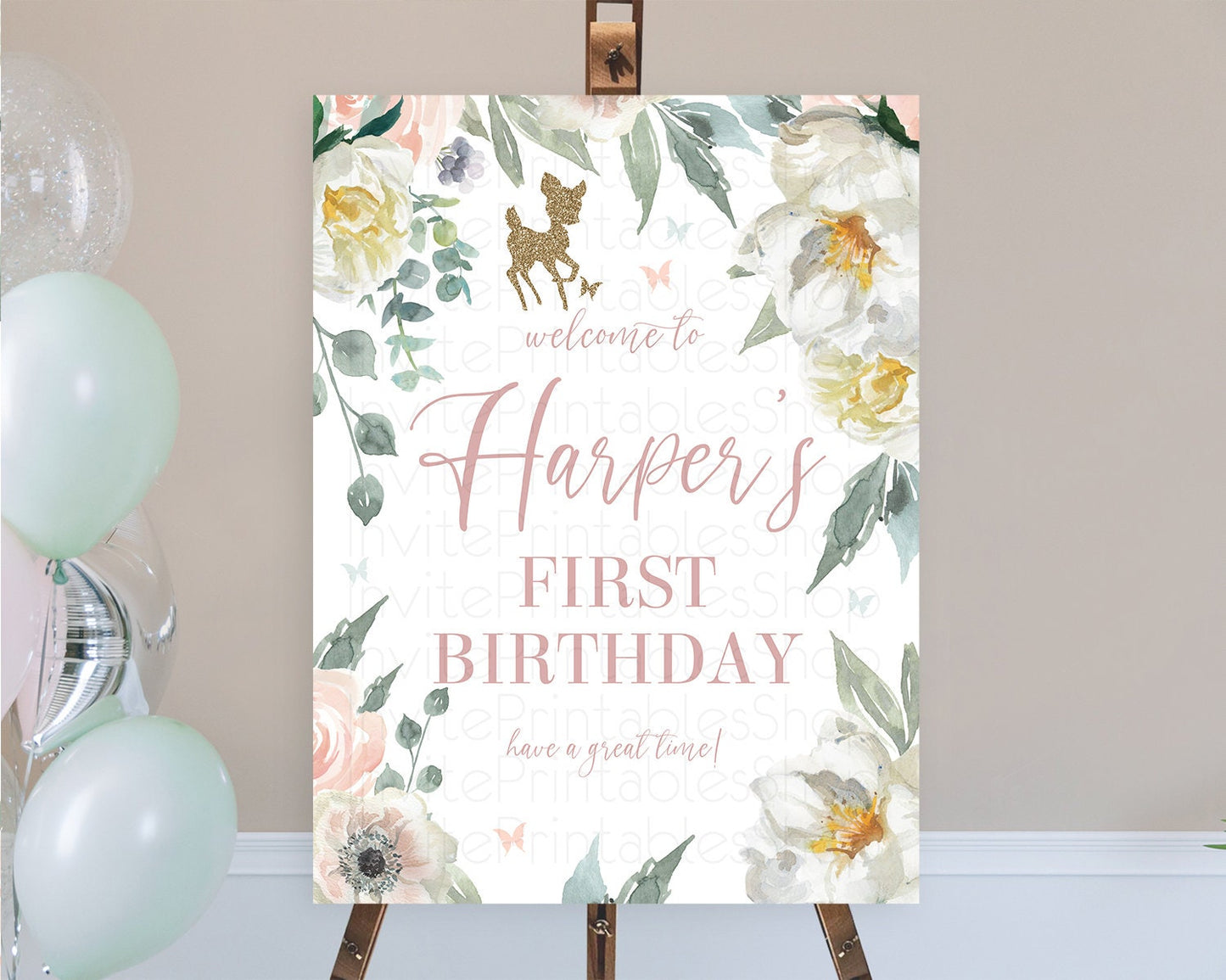 Fawn Welcome Sign Deer Welcome Board Floral Deer Welcome Poster Enchanted Forest Butterfly Pastel Floral First Birthday Welcome Sign D10120