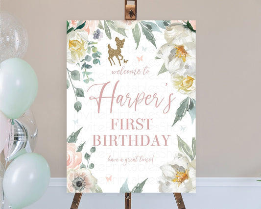 Fawn Welcome Sign Deer Welcome Board Floral Deer Welcome Poster Enchanted Forest Butterfly Pastel Floral First Birthday Welcome Sign D10120