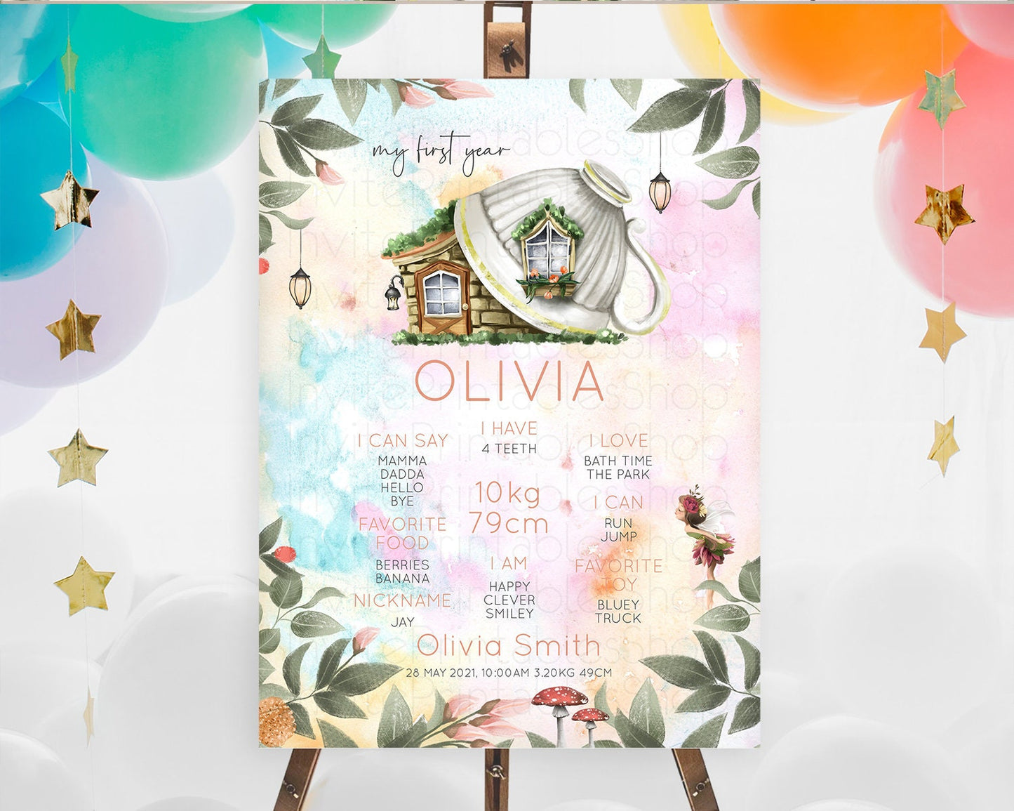 Fairy First Birthday Milestone Poster Fairy Secret Garden Milestone Board Enchanted Garden Pastel Floral Butterfly 1st Birthday Sign D10555