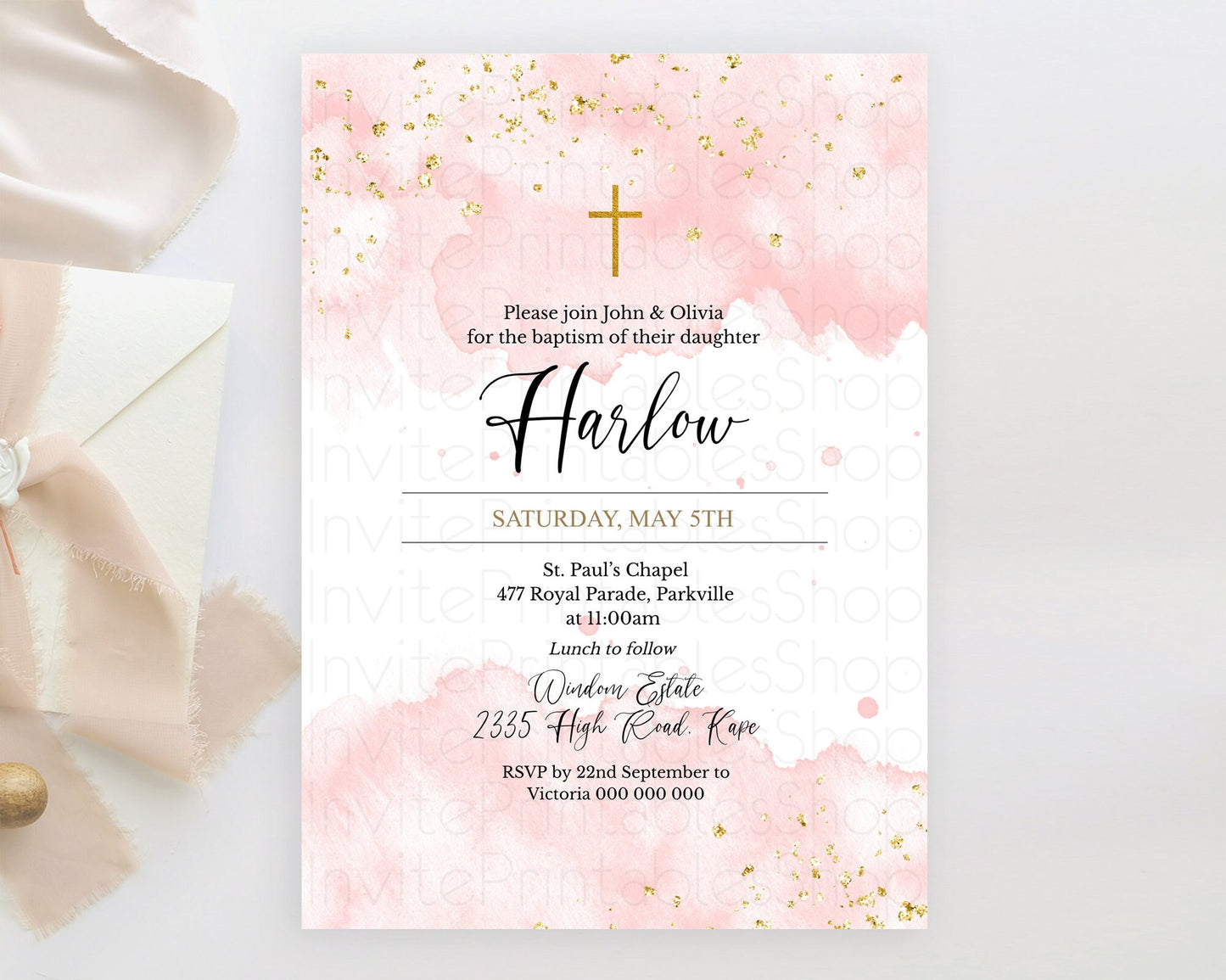 Editable Pink Baptism Invitation Pink Watercolor Baptism 1st Birthday Invita