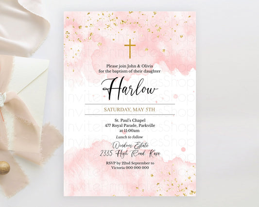 Editable Pink Baptism Invitation Pink Watercolor Baptism 1st Birthday Invita