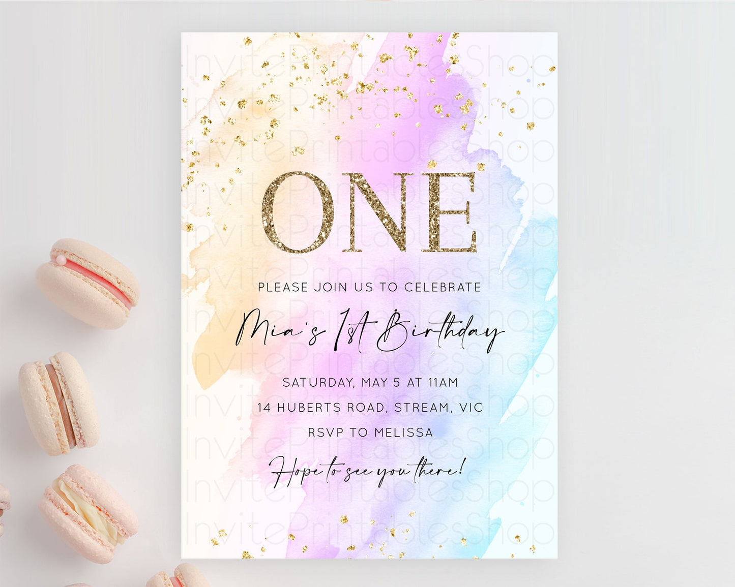 Rainbow Birthday Invitation Colorful Pastel Watercolor Invitation Gold Glitter Sprinkles Ombre Pastel 1st 2nd 3rd Birthday D10175