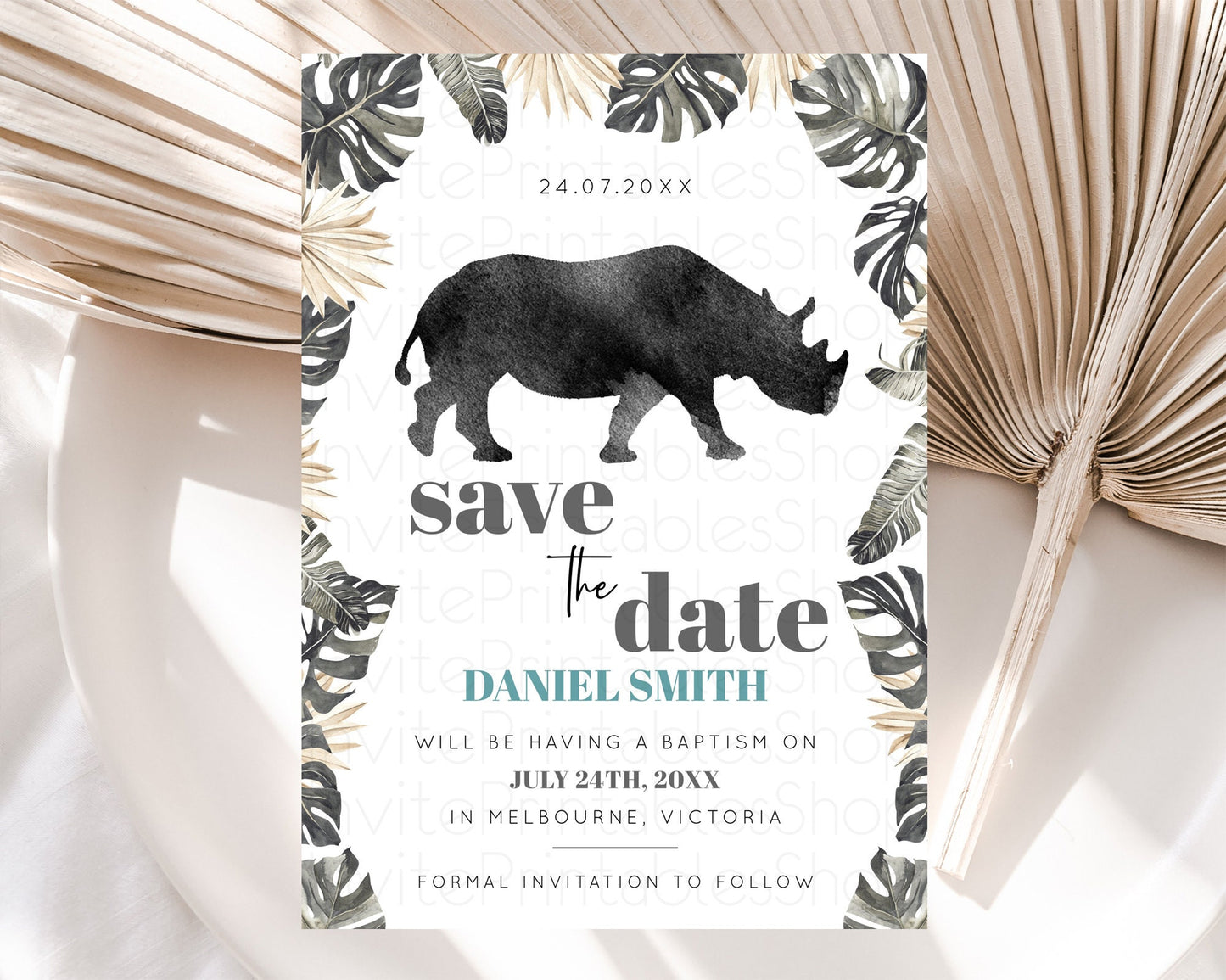 Rhino Save The Date Template Rhino Party Save The Date Safari Adventure Rhino Minimal Theme For 1st Birthday Baptism Baby Shower D10805