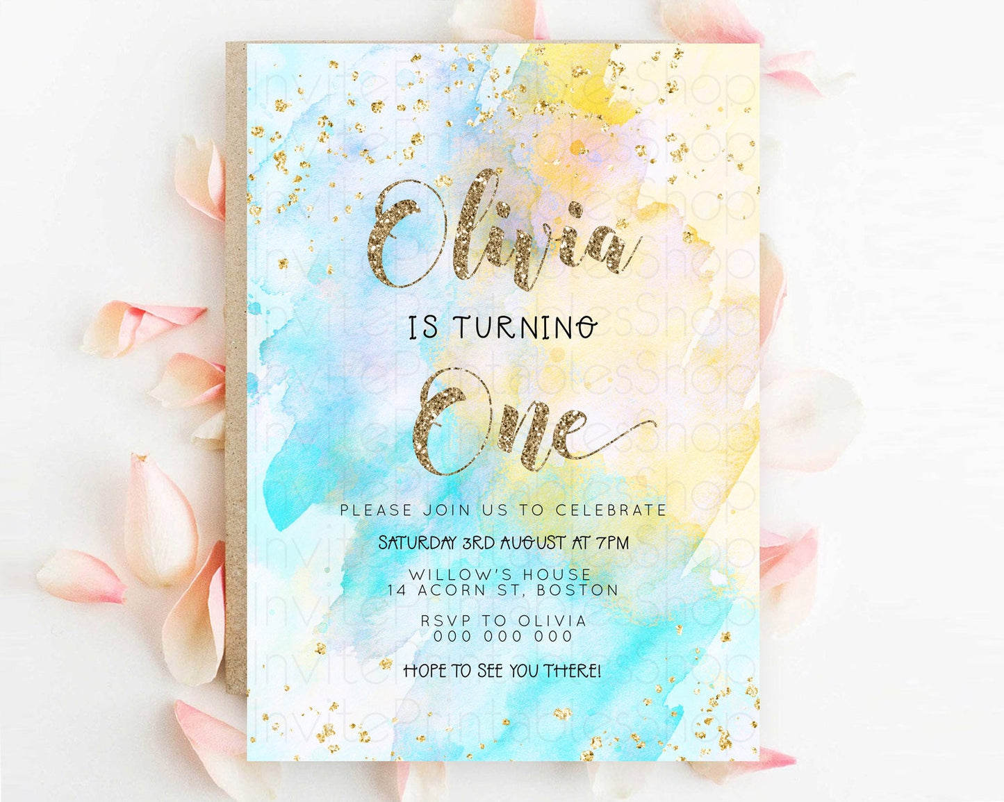 Rainbow Birthday Invitation Colorful Pastel Watercolor Invitation Gold Glitter Sprinkles Ombre Pastel 1st 2nd 3rd Birthday D23301