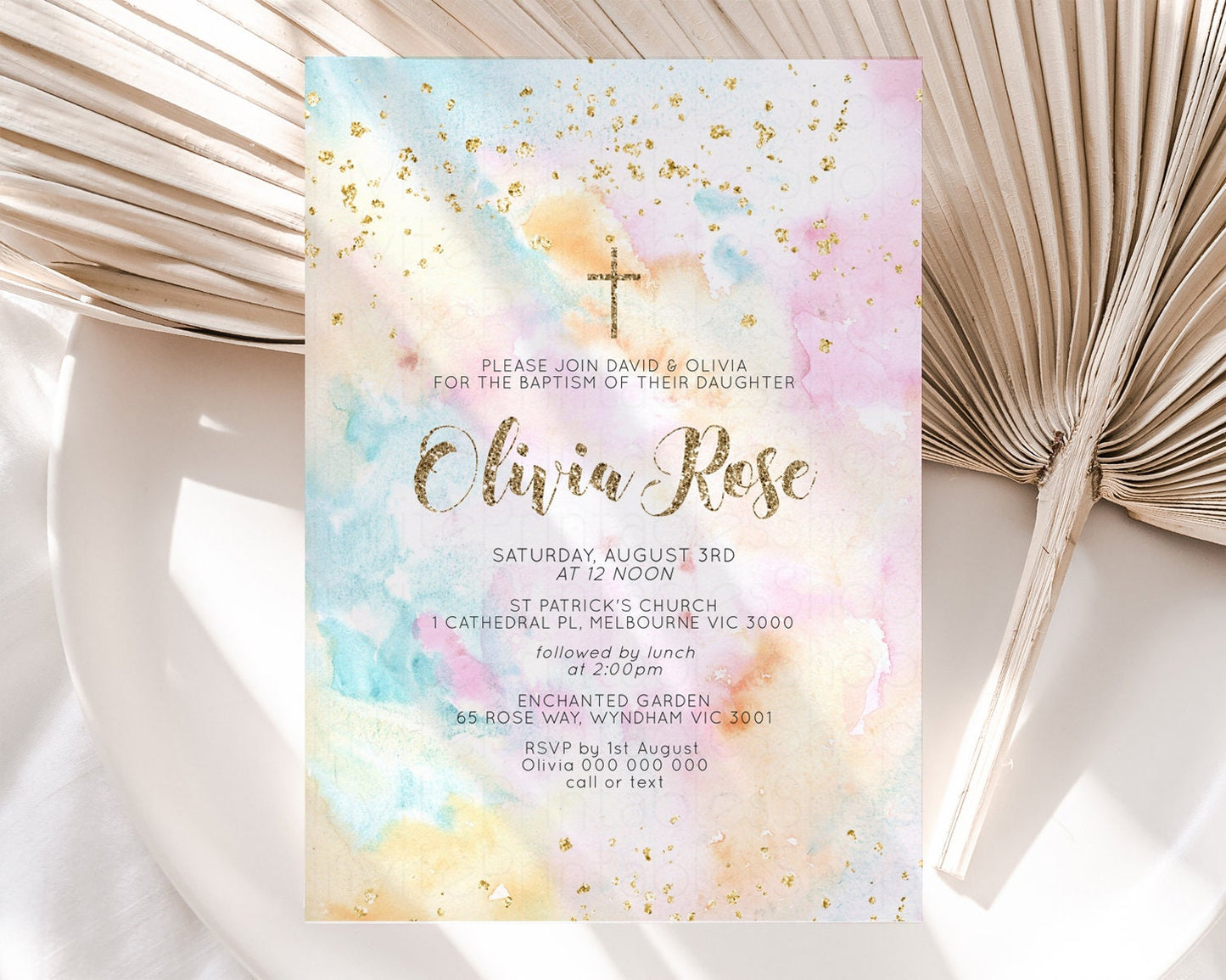 Rainbow Baptism invitation Pastel Rainbow Christening Invite Ombre Watercolor Invite Gold Glitter Sprinkle Splash Gold Cross Invite G566