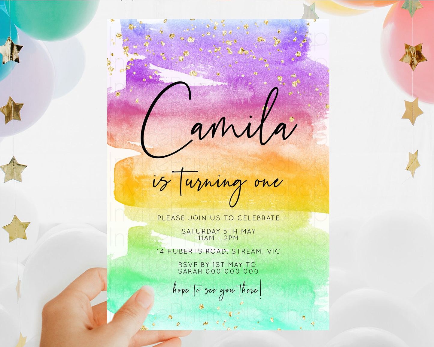 Editable Rainbow Birthday Invitation Colorful Pastel Watercolor Invitation G