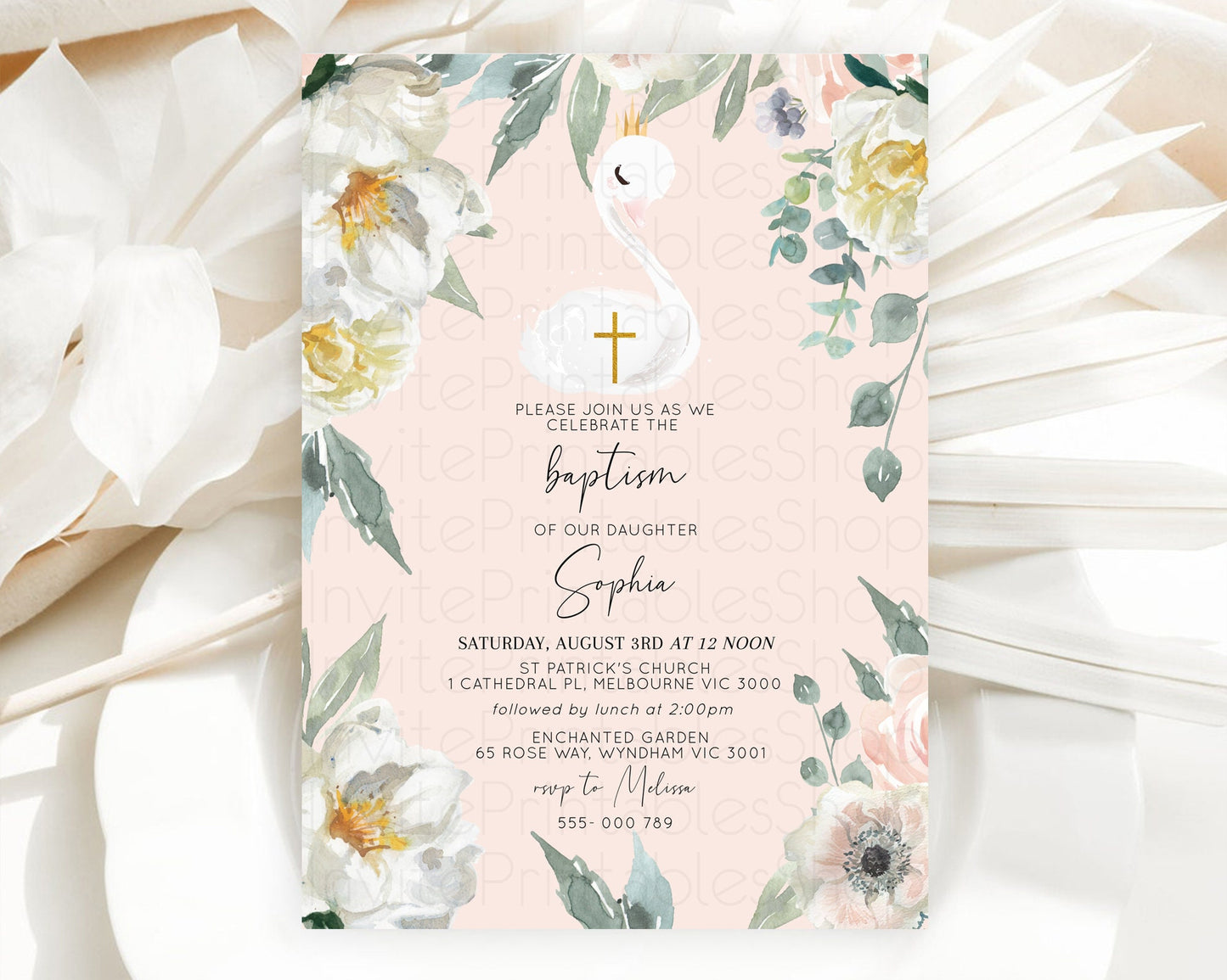 Swan Lake Baptism Invitation Swan Princess Ballet Baptism 1st Birthday Enchanted Forest Secret Garden Watercolour Pastel Floral D10755