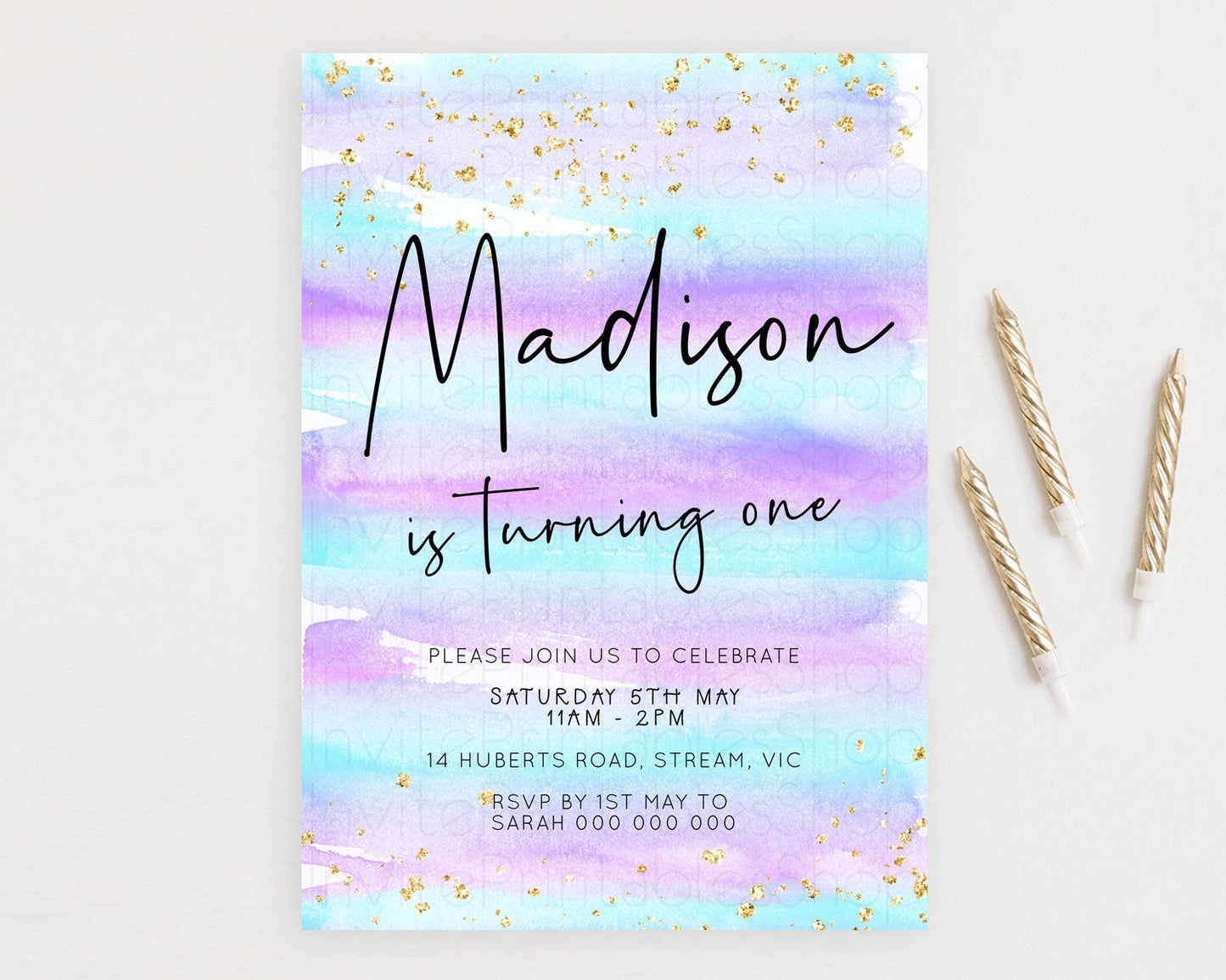 Pastel Birthday Invitation Ombre Watercolor Birthday Invitation Glitter Rainbow Color Splash 1st 2nd 3rd Birthday Invitation D23033