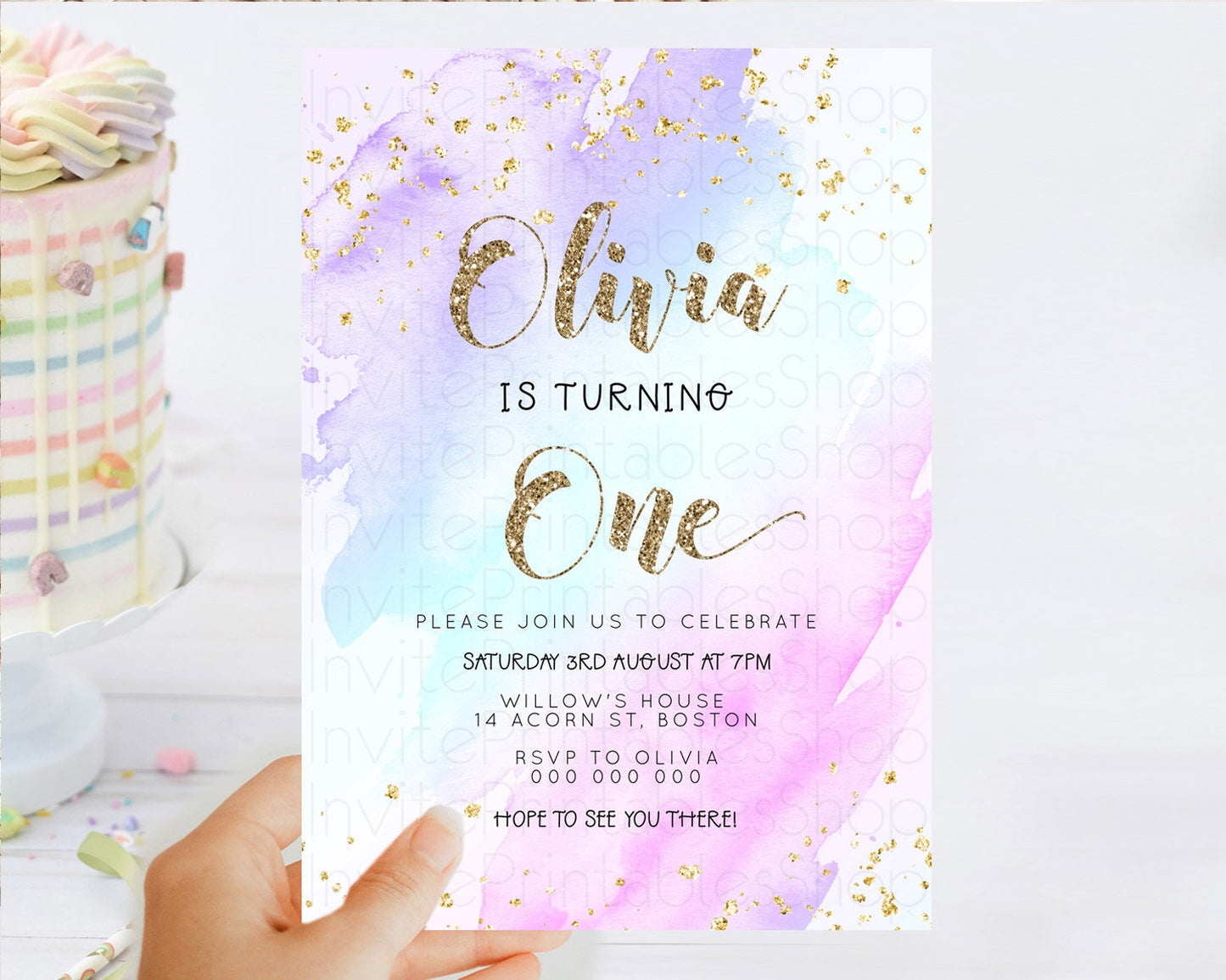 Rainbow Birthday Invitation Colorful Pastel Watercolor Invitation Gold Glitter Sprinkles Ombre Pastel 1st 2nd 3rd Birthday D23283