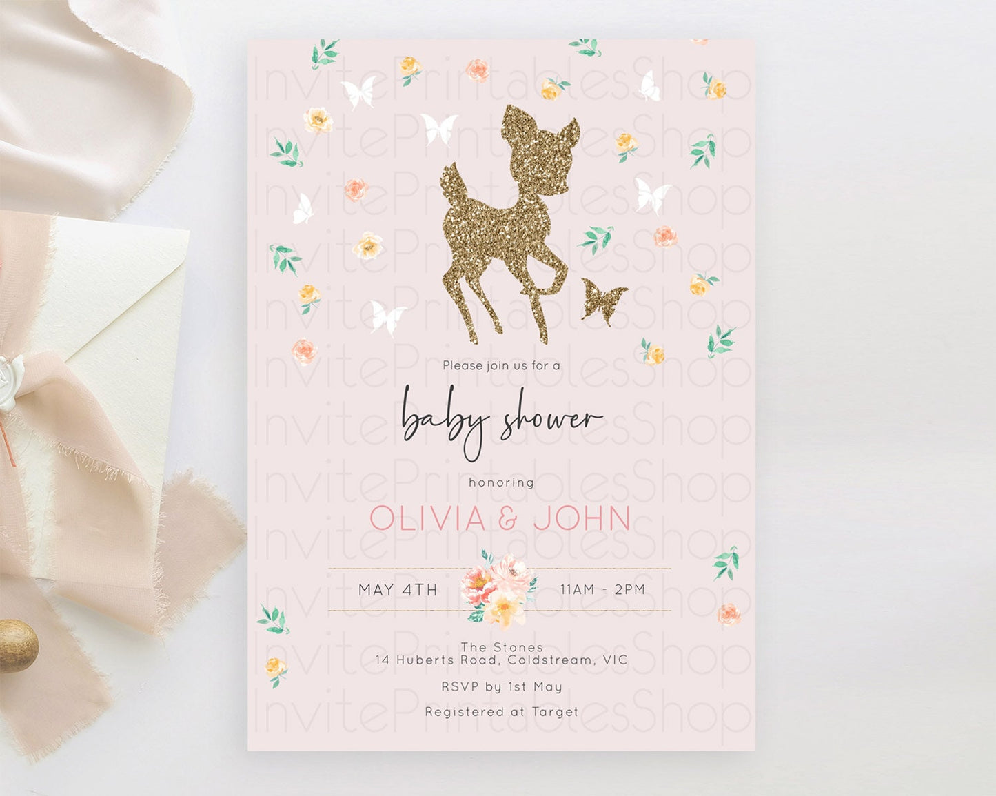 Fawn Baby Shower Invitation, Enchanted Forest Theme Glitter Deer, Butterflies, Pastel Flowers - Whimsical Floral Pink, Orange, Green D10386