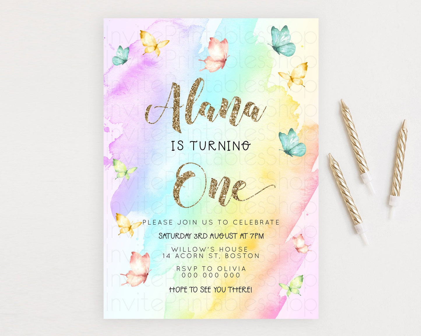 Pastel Butterfly Birthday Invitation Butterfly Birthday Invitation Colorful Splash Glitter Butterfly Garden 1st 2nd Birthday D23239