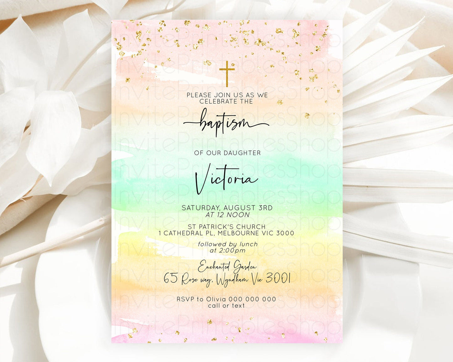 Pastel Baptism Invitation Pastel Colors Watercolor Baptism 1st Birthday Party Gold Ombre Pastel Rainbow Christening Holy Communion D10591