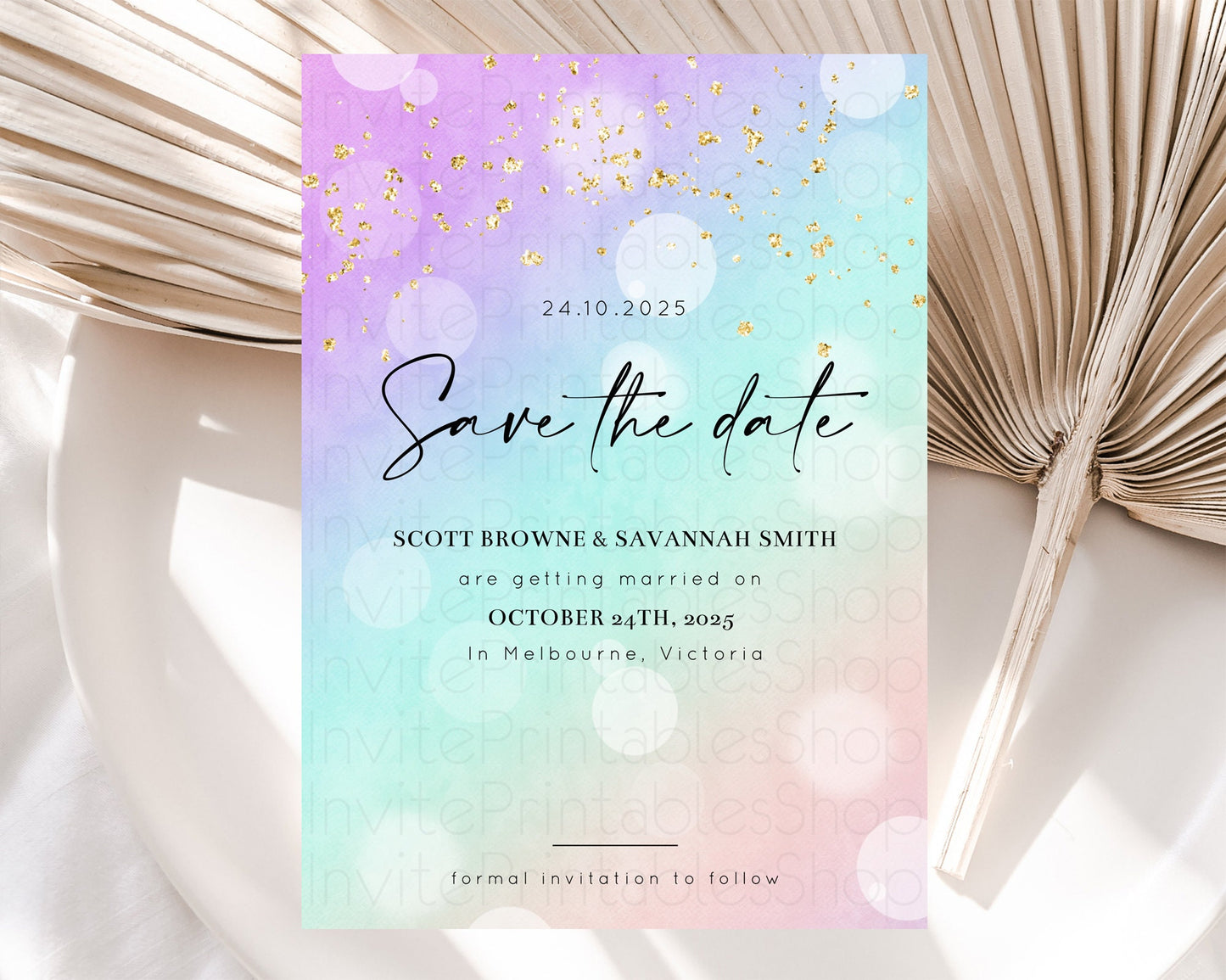 Pastel Save The Date Template Pastel Ombre Rainbow Watercolor Colorful Party For Birthday Baptism Baby Shower Wedding Bridal Shower D10618