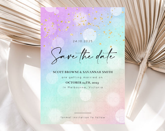 Pastel Save The Date Template Pastel Ombre Rainbow Watercolor Colorful Party For Birthday Baptism Baby Shower Wedding Bridal Shower D10618