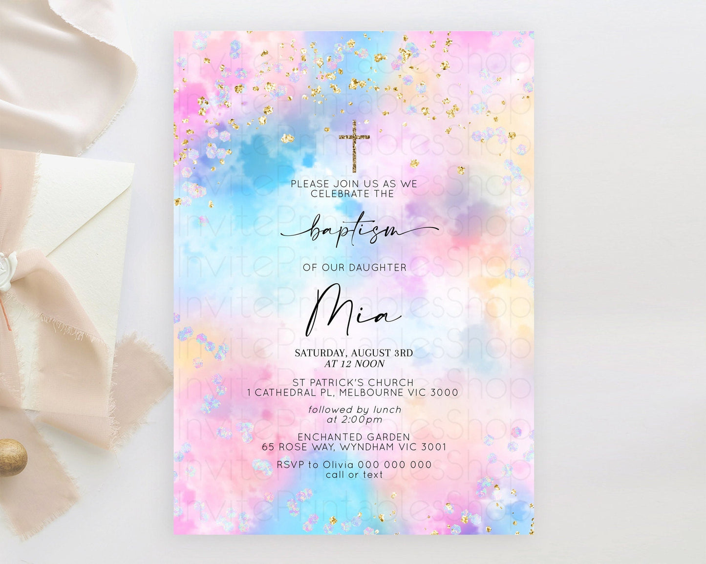 Pastel Baptism Invitation Pastel Colors Watercolor Baptism 1st Birthday Party Gold Ombre Pastel Rainbow Christening Holy Communion D10607