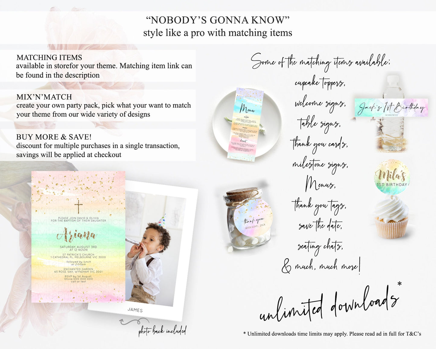 Pastel Baptism Invitation Pastel Colors Watercolor Baptism 1st Birthday Party Gold Ombre Pastel Rainbow Christening Holy Communion D10592