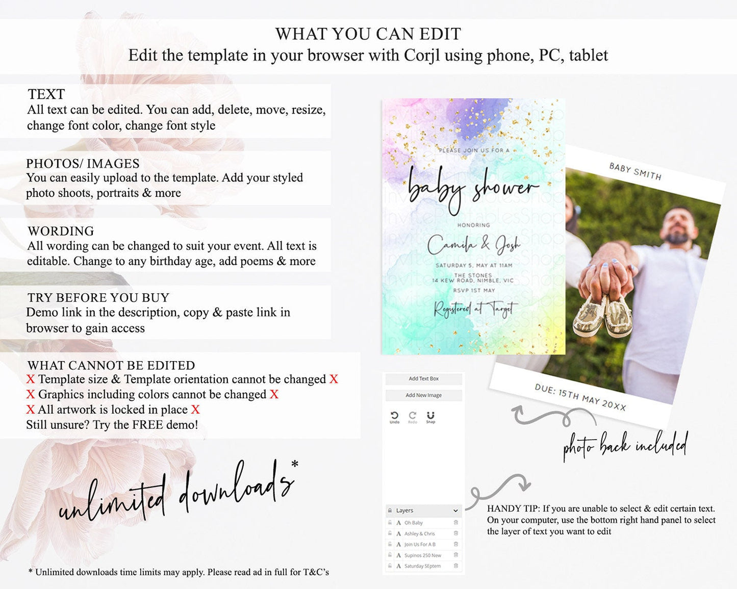 Pastel Rainbow Baby Shower Invitation, Colorful Watercolor Splash, Soft Pastel with Gold Glitter Sprinkles - Purple, Teal, Pink Ombre D10158