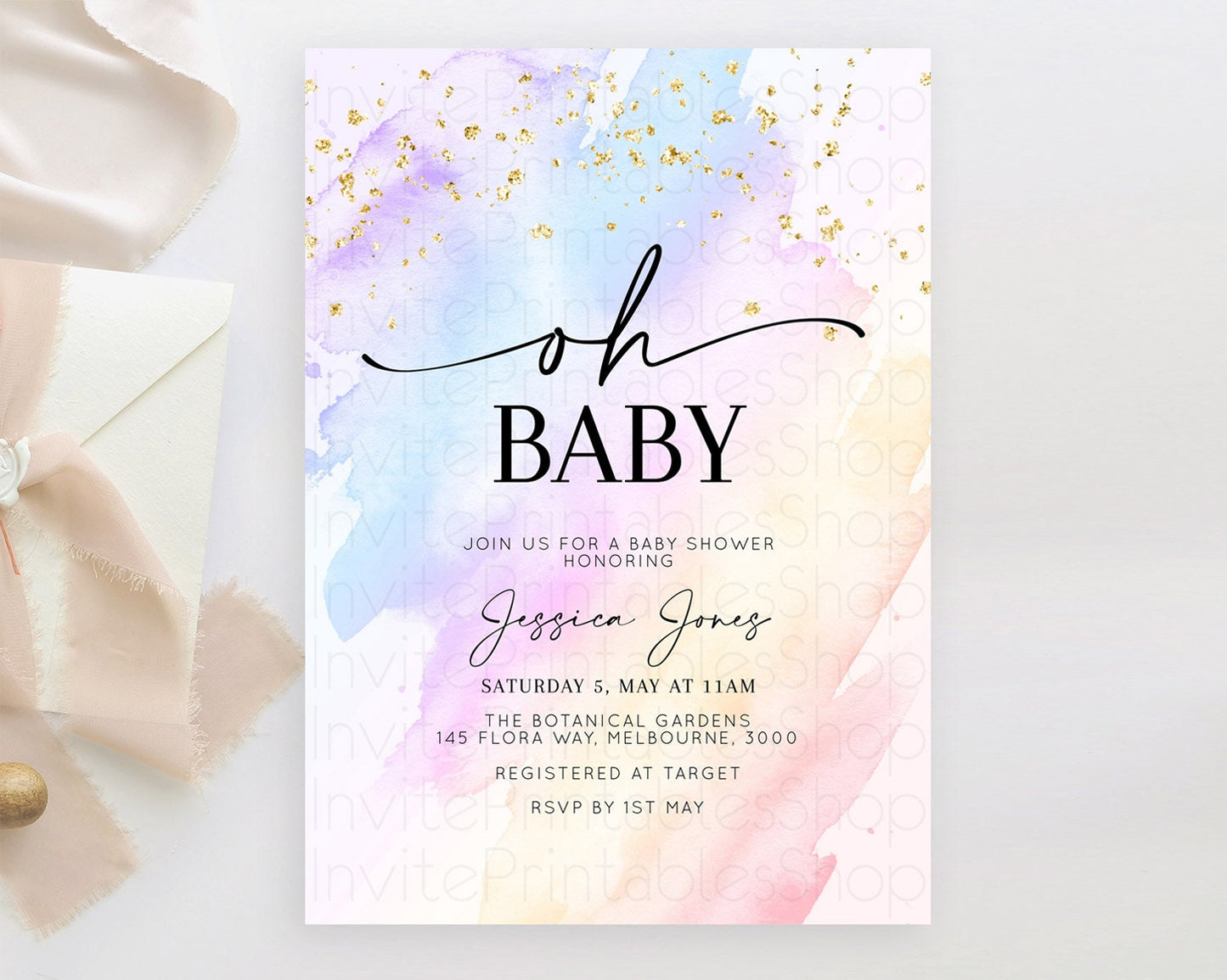 Pastel Baby Shower Invitation Rainbow Baby Shower Invitation Colorful Pastel Watercolor Invitation Gold Glitter Sprinkles Ombre D10635