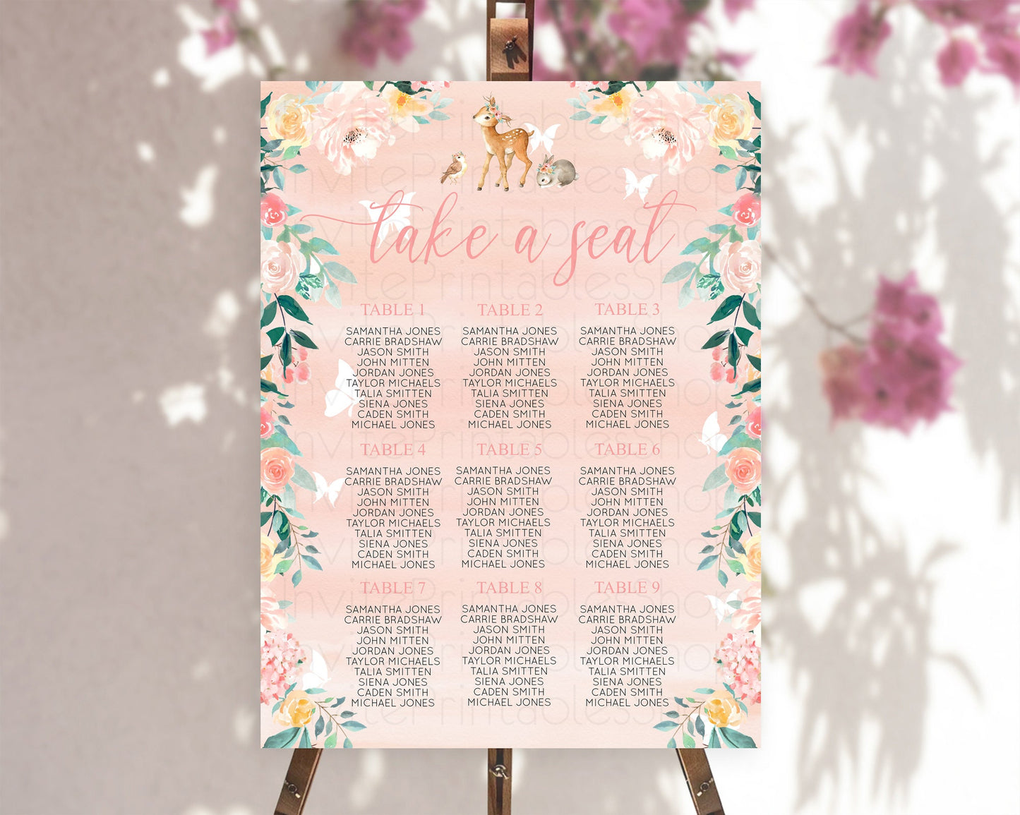 Fawn Seating Chart Deer Seating Chart Enchanted Forest Party Butterfly Pastel Flowers Whimsical Seating Chart Woodland Seating Sign D10921