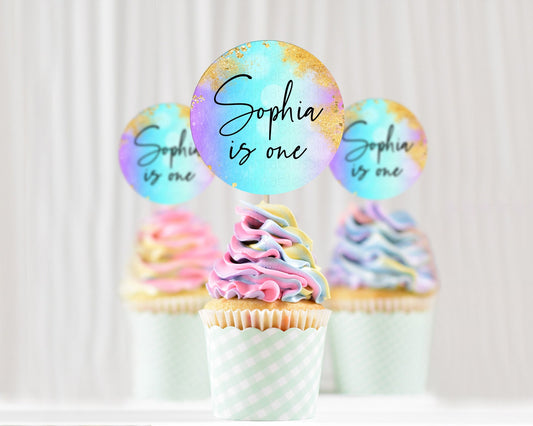 Editable Rainbow Cupcake Toppers Pastel Cupcake Toppers Colorful Pastel Wate
