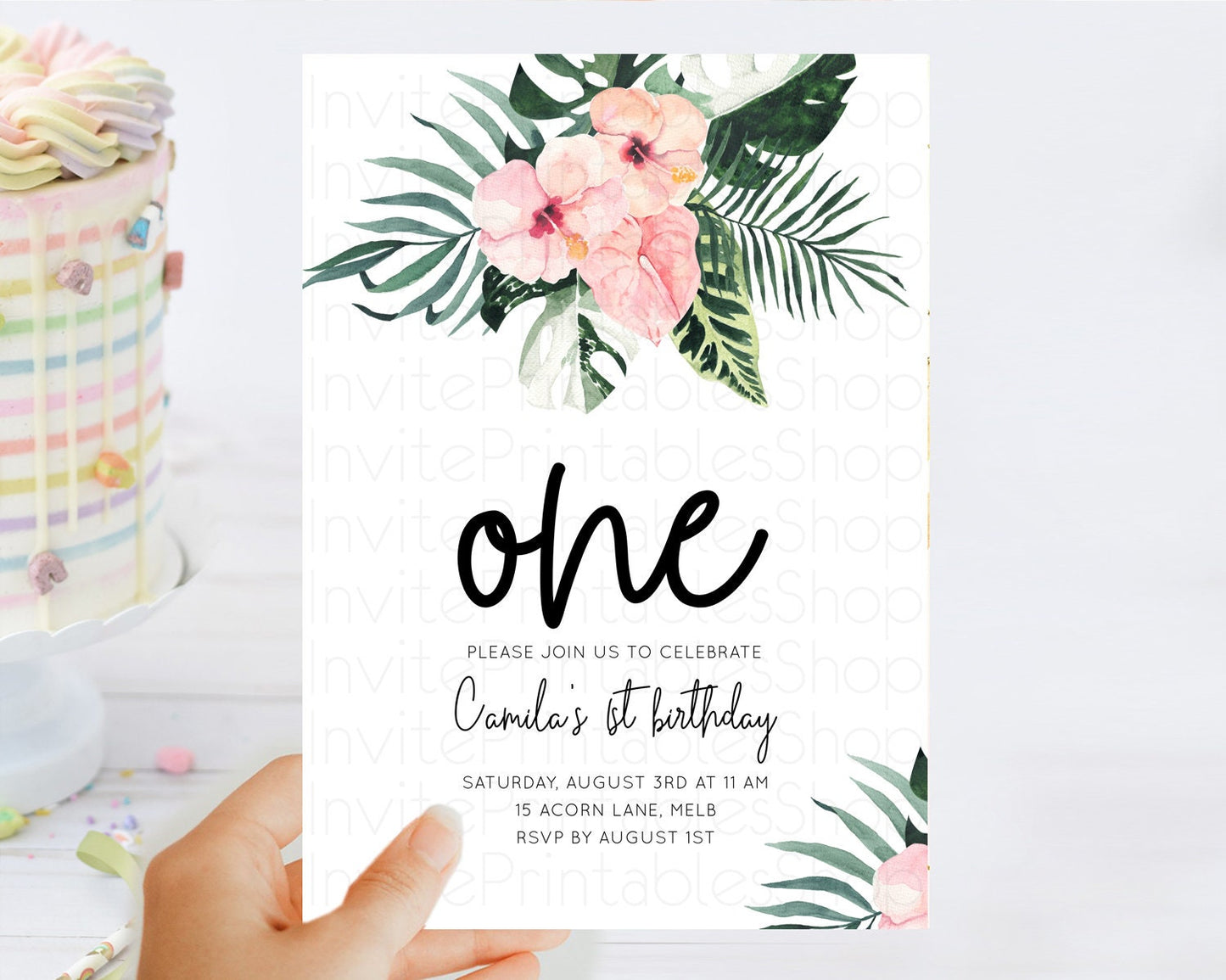 Tropical Invitation Tropical Birthday Invitation Tropical Floral Invitation Palm Leaf Fern Invite Frangipani White Orchid Invitation D11017