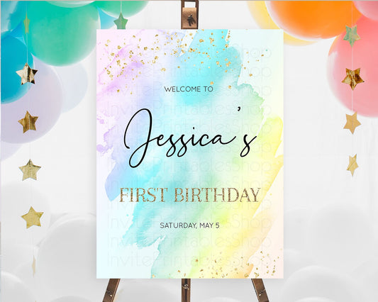 Pastel Welcome Sign Pastel Rainbow Welcome Sign Colorful Rainbow Confetti Watercolor Glitter Pastel First Birthday Welcome Sign D10171