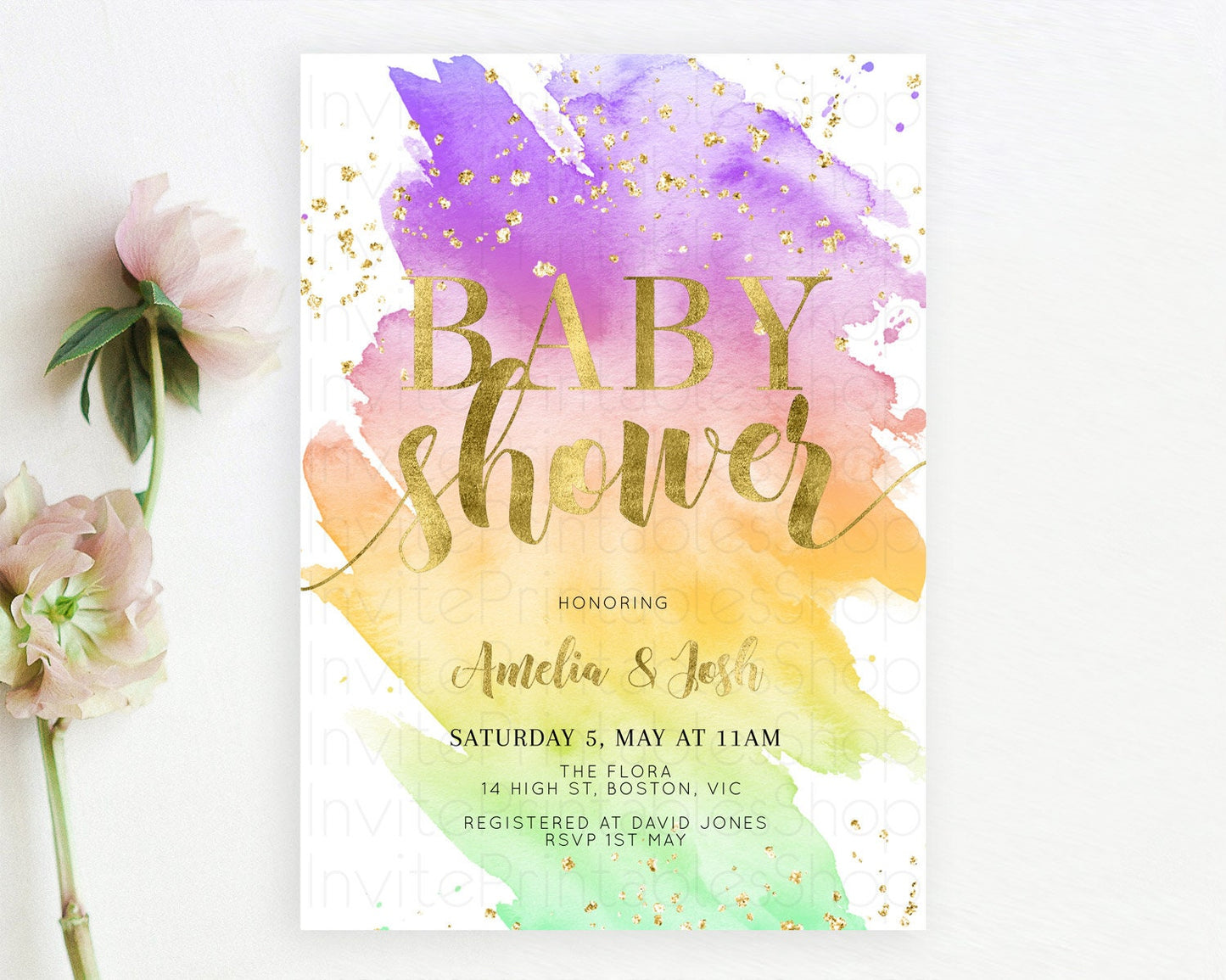 Pastel Baby Shower Invitation Rainbow Baby Shower Invitation Colorful Pastel Watercolor Invitation Gold Glitter Sprinkles Ombre D10517