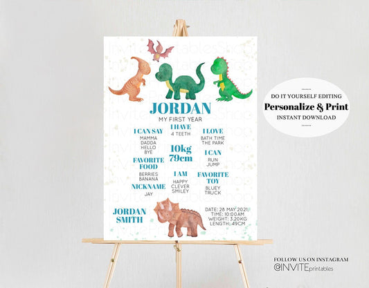 Cute Dinosaur Milestone Board Baby Dino First Birthday Milestone Sign Pastel Colorful 1st birthday Milestone Poster Boy Baby Keepsake