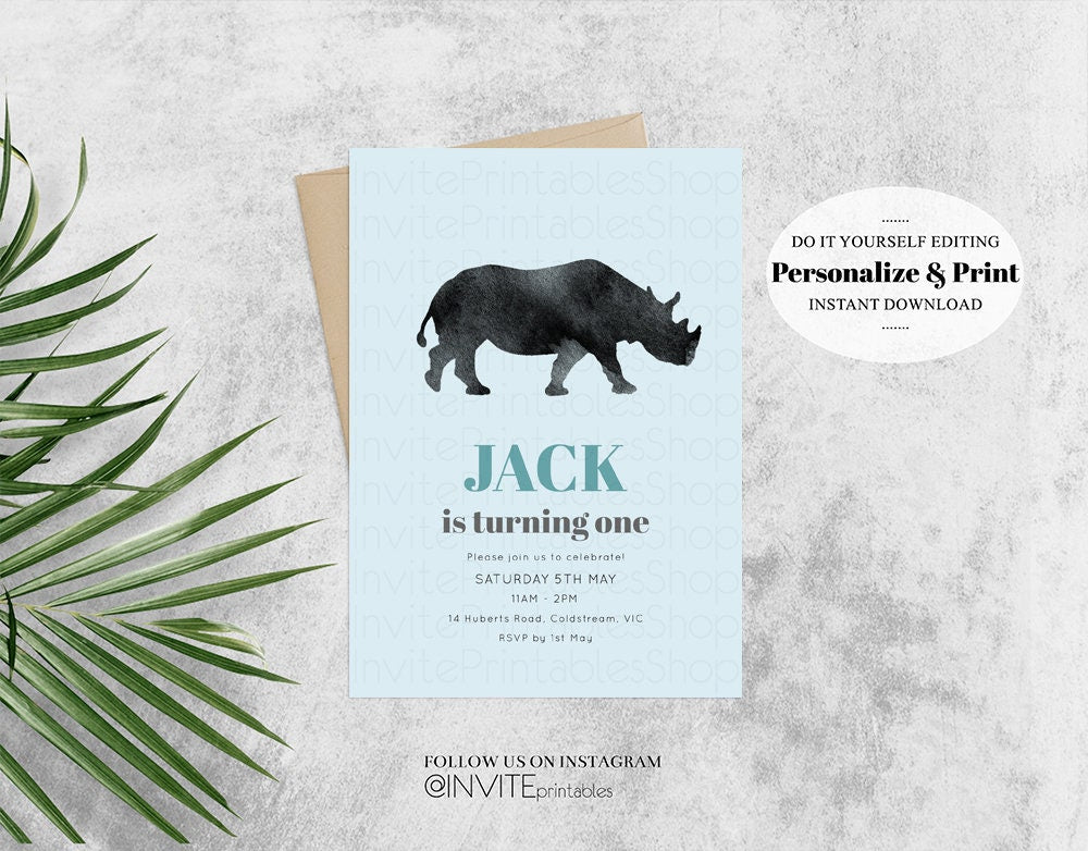 Rhinoceros Birthday Invitation Watercolor Rhino Tropical Palm Jungle Safari Adventure Zoo Party Wild Party Animal Custom Editable Invite