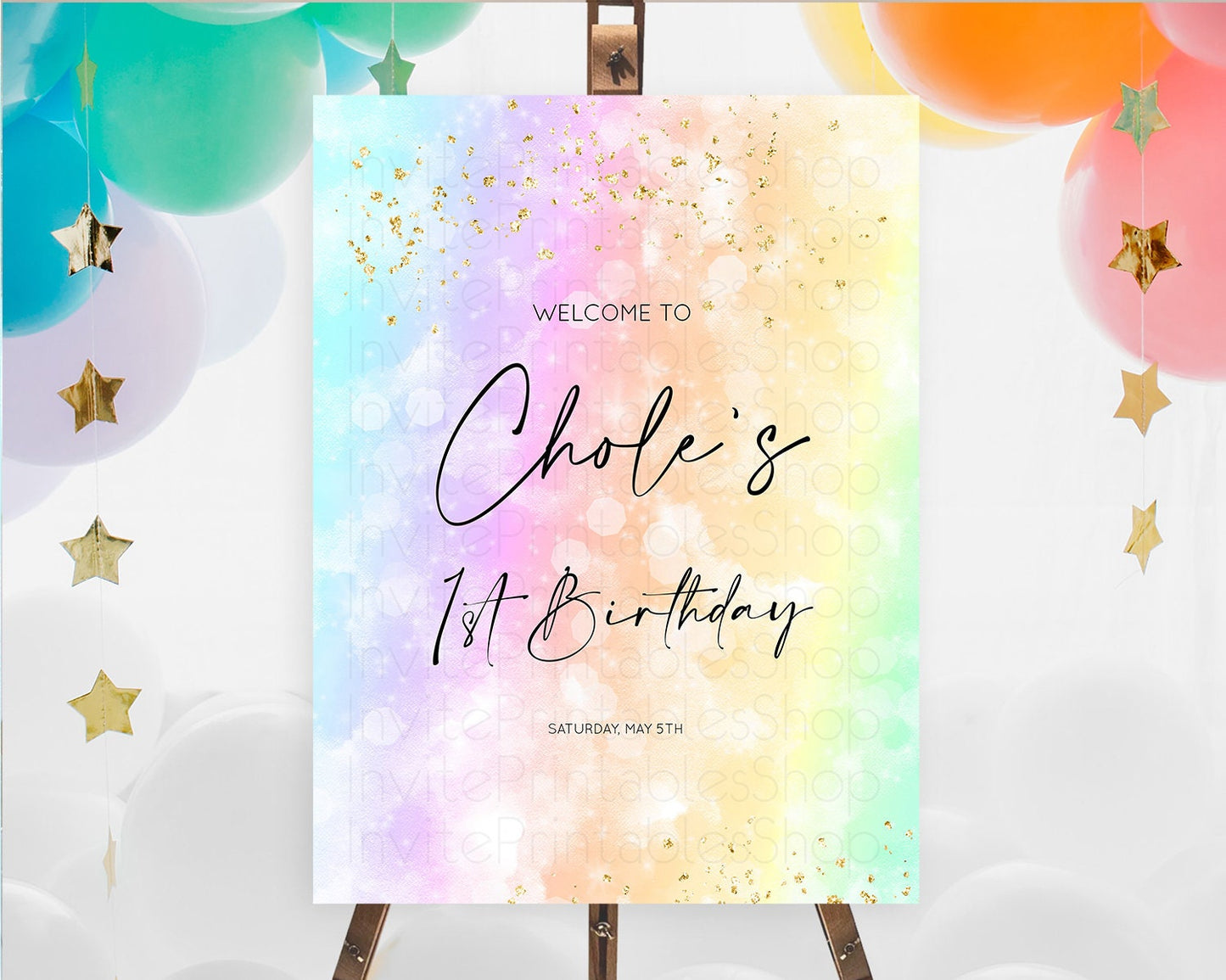 Pastel Welcome Sign Pastel Rainbow Welcome Sign Colorful Rainbow Confetti Watercolor Glitter Pastel First Birthday Welcome Sign D10647