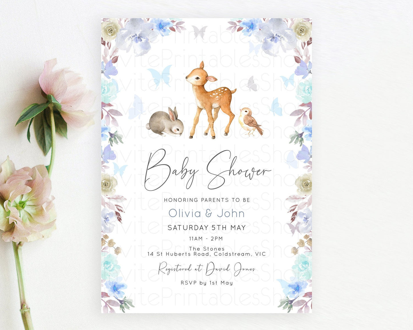 Enchanted Forest Baby Shower Invitation: Fawn, Butterflies, Pastel Blue Grey Flowers, Floral - Woodland Gender Reveal, Secret Garden D10929