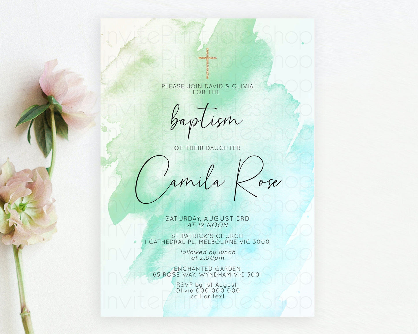 Green Baptism Invitation green Watercolor Baptism 1st Birthday Invitation Pastel Green Watercolor Christening Invite Green Splash D10166