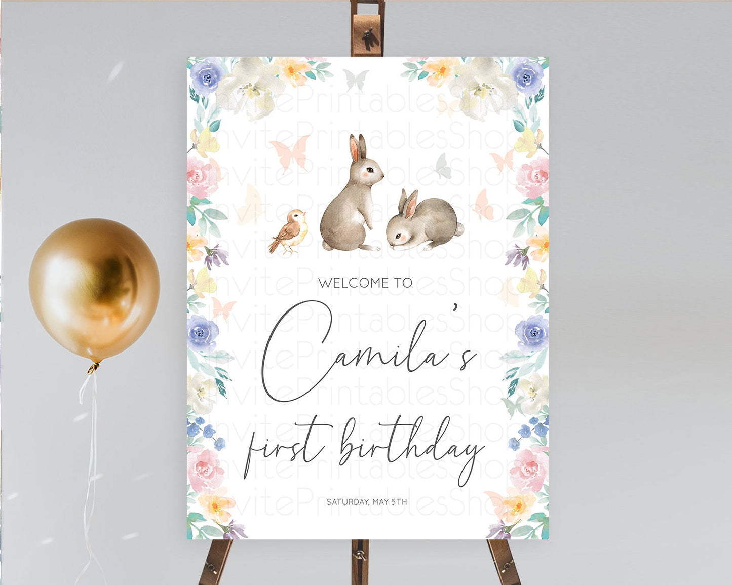 Bunny Welcome Sign Floral Bunny Welcome Board Pastel Flowers Woodland Bunny Welcome Poster Forest Bunny First Birthday Welcome Sign D10928