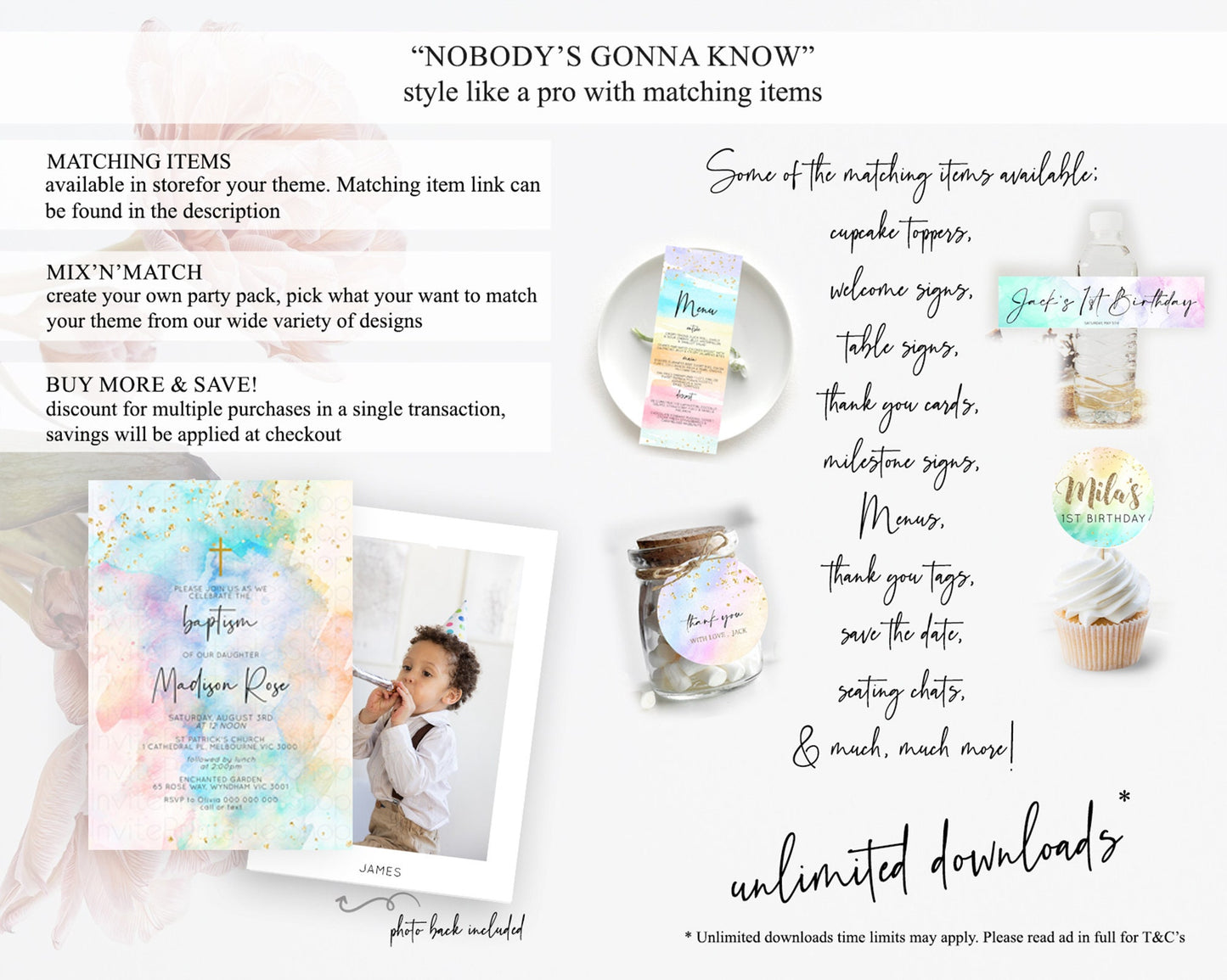 Pastel Baptism Invitation Pastel Colors Watercolor Baptism 1st Birthday Party Gold Ombre Pastel Rainbow Christening Holy Communion D10266