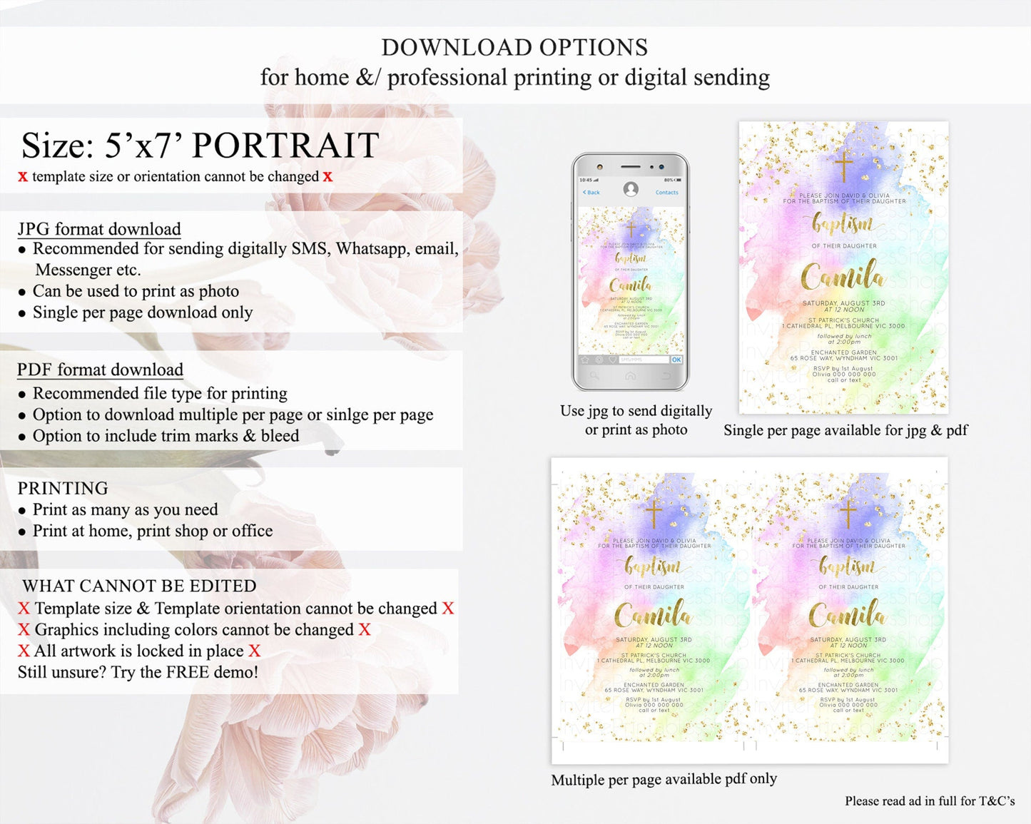Pastel Baptism Invitation Pastel Colors Watercolor Baptism 1st Birthday Party Gold Ombre Pastel Rainbow Christening Holy Communion D10876