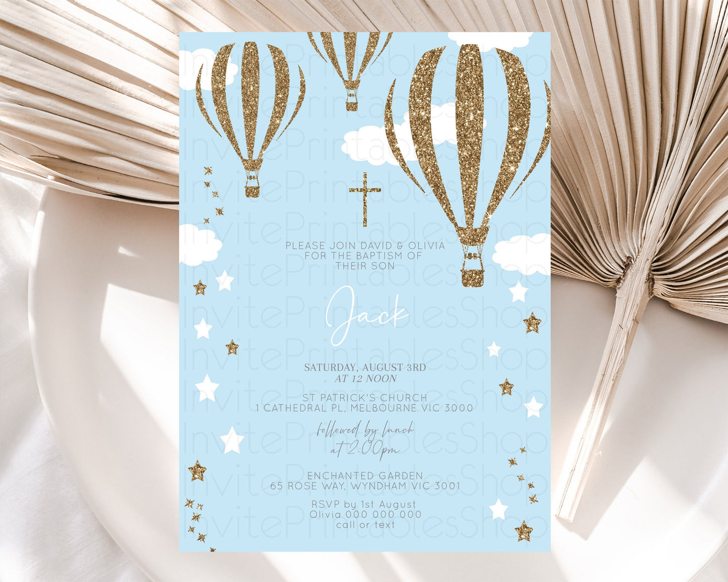 Hot Air Balloon Baptism Invitation Hot Air Balloon Baptism Birthday Invitation Adventure Awaits Up Up Away Glitter Blue Watercolor D10332