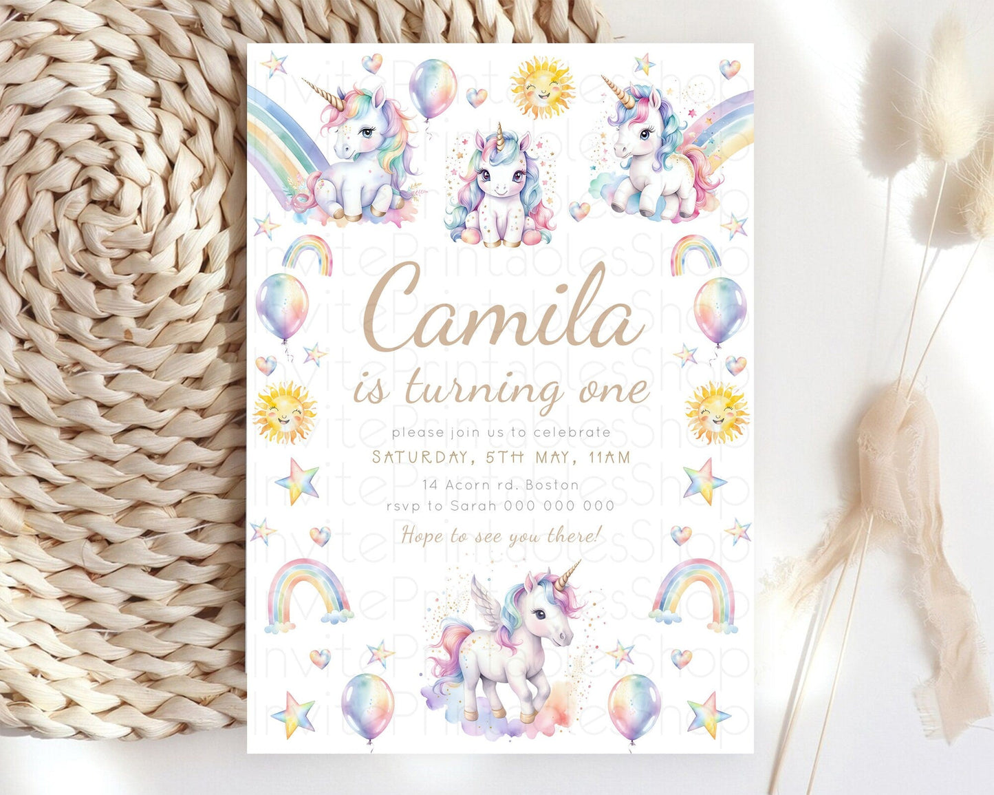 Rainbow Unicorn Birthday Invitation Pastel Birthday Invitation Magical Unicorn Party Theme Pastel Stars Heart Sun 1st 2nd Birthday D23372