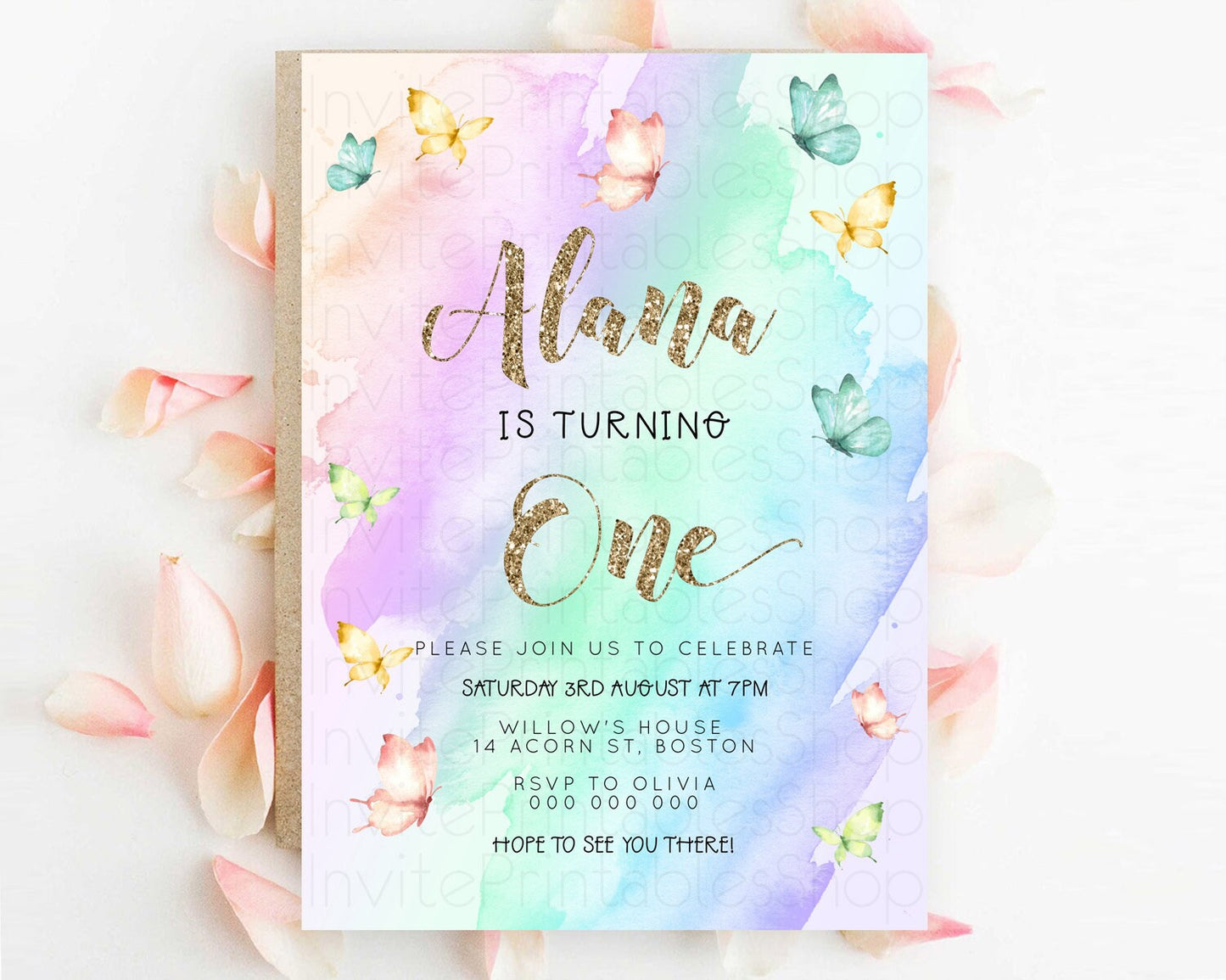 Pastel Butterfly Birthday Invitation Butterfly Birthday Invitation Colorful Splash Glitter Butterfly Garden 1st 2nd Birthday D23237