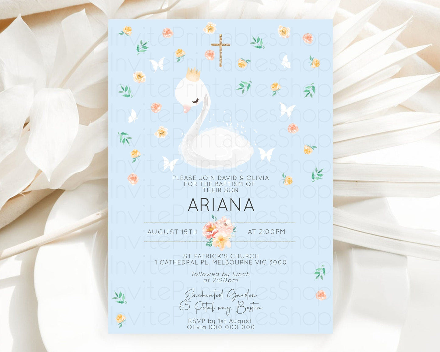 Swan Lake Baptism Invitation Swan Princess Ballet Baptism 1st Birthday Enchanted Forest Secret Garden Watercolour Pastel Floral D10903