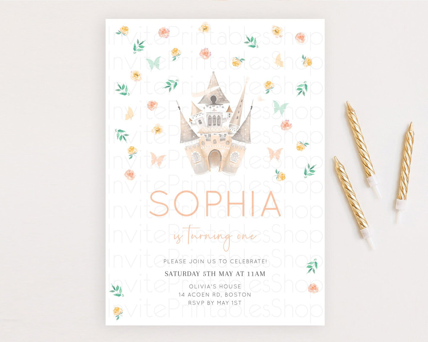 Princess Birthday Invitation Castle Invitation Royal Birthday Fairy Tale Enchanted Castle Pastel Floral Garden 1st First Birthday D10363