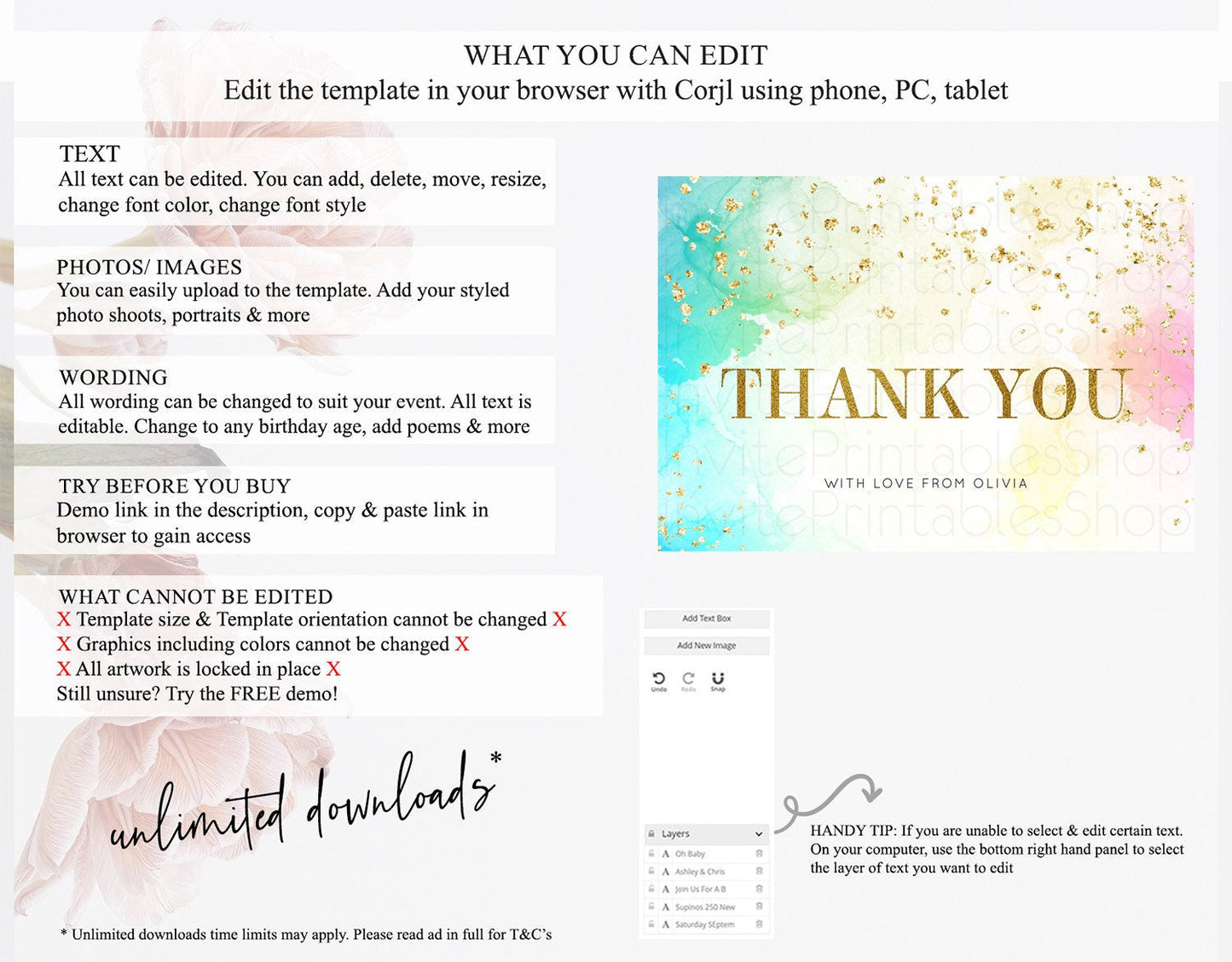 Pastel Thank You Rainbow Thank You Card Colorful Pastel Birthday Thank You Card Confetti Watercolor Pastel Teacher Thank You Cards D10770