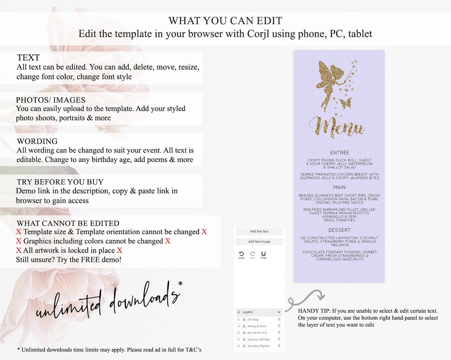 Fairy Menu Fairy Menu Template Enchanted Garden Pastel Floral Butterfly Table Decor Fairy Secret Garden Dinner Dessert Food Menu D10389