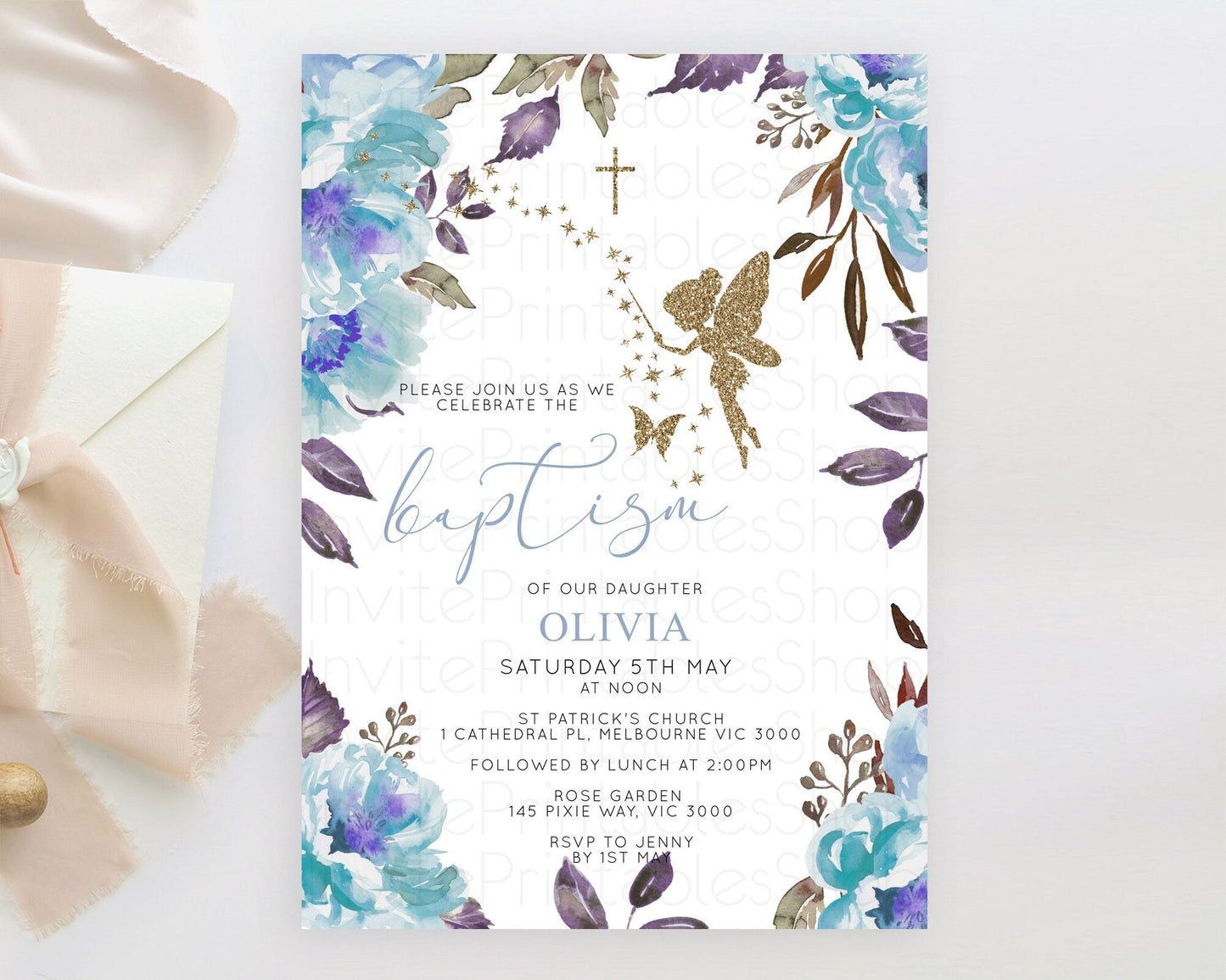 Fairy Baptism Invitation Fairy Baptism 1st Birthday Invitation Enchanted Secret Garden Christening Invite Pastel Floral Butterfly D10728