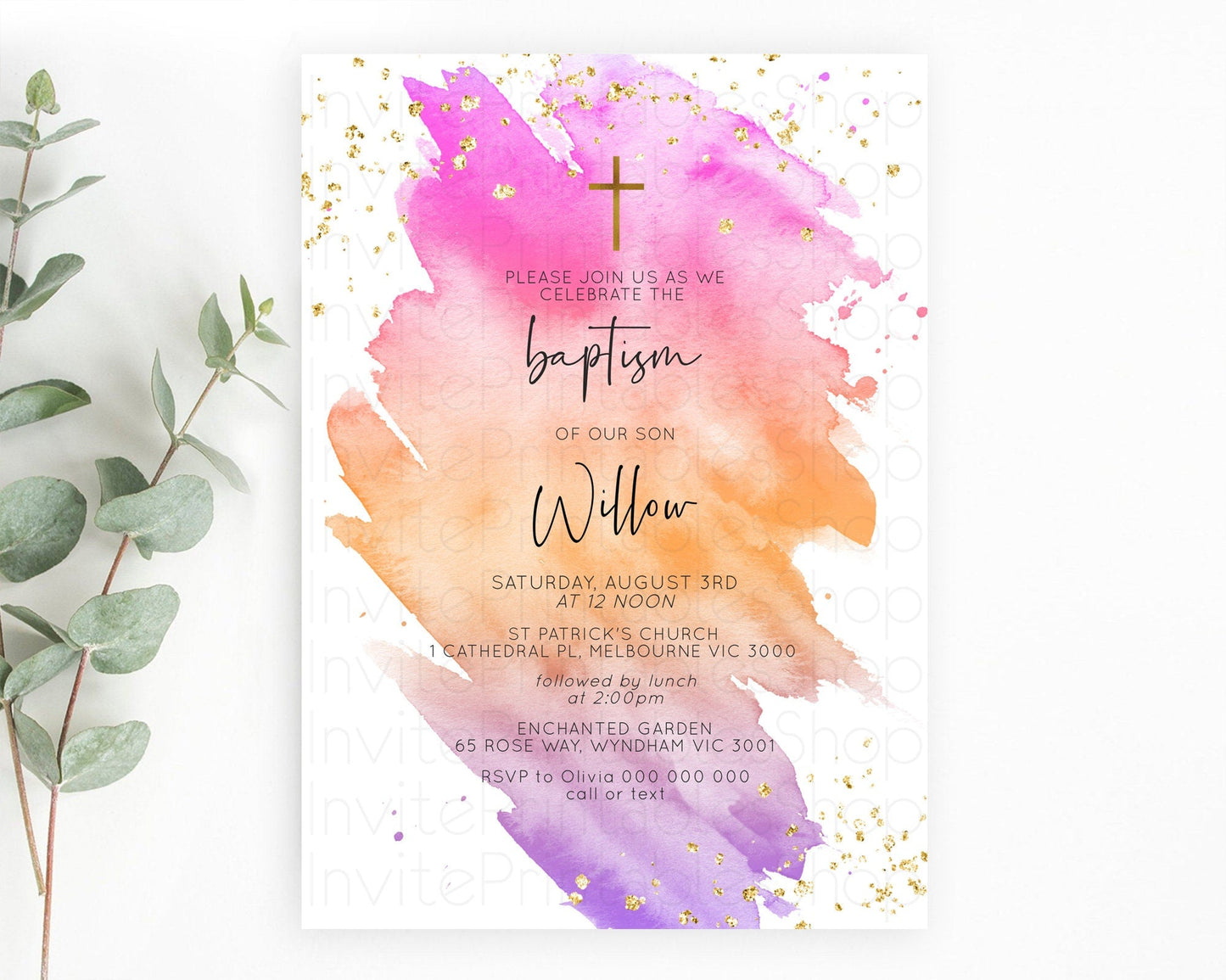 Pastel Baptism Invitation Pastel Colors Watercolor Baptism 1st Birthday Party Gold Ombre Pastel Rainbow Christening Holy Communion D10488