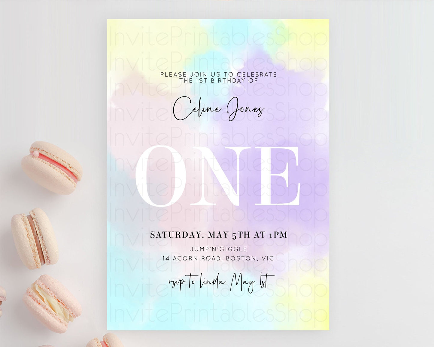 Rainbow Birthday Invitation Colorful Pastel Watercolor Invitation Gold Glitter Sprinkles Ombre Pastel 1st 2nd 3rd Birthday D10617