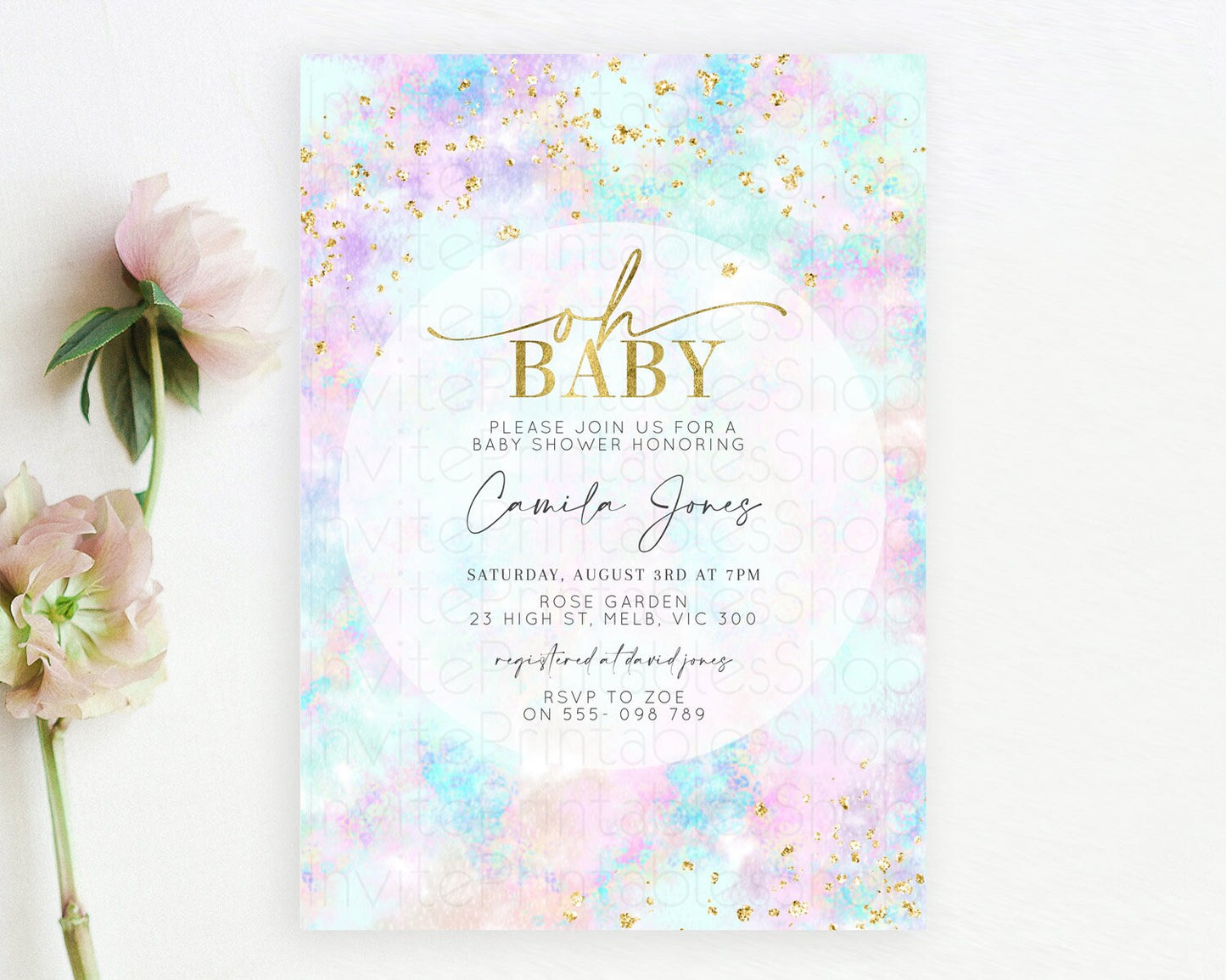 Pastel Baby Shower Invitation Rainbow Baby Shower Invitation Colorful Pastel Watercolor Invitation Gold Glitter Sprinkles Ombre D10652