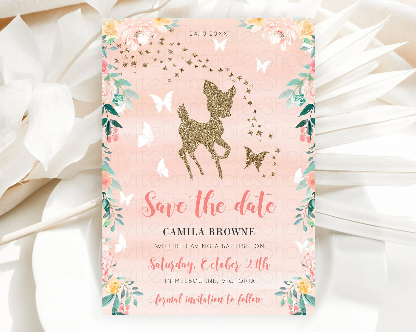 Fawn Deer Save The Date Template Pastel Floral Deer Enchanted Forest Butterfly Party 1st Birthday Baptism Baby Shower Bridal Shower D10873