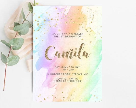 Editable Rainbow Birthday Invitation Glitter Pastel Invitation Colorful Wate